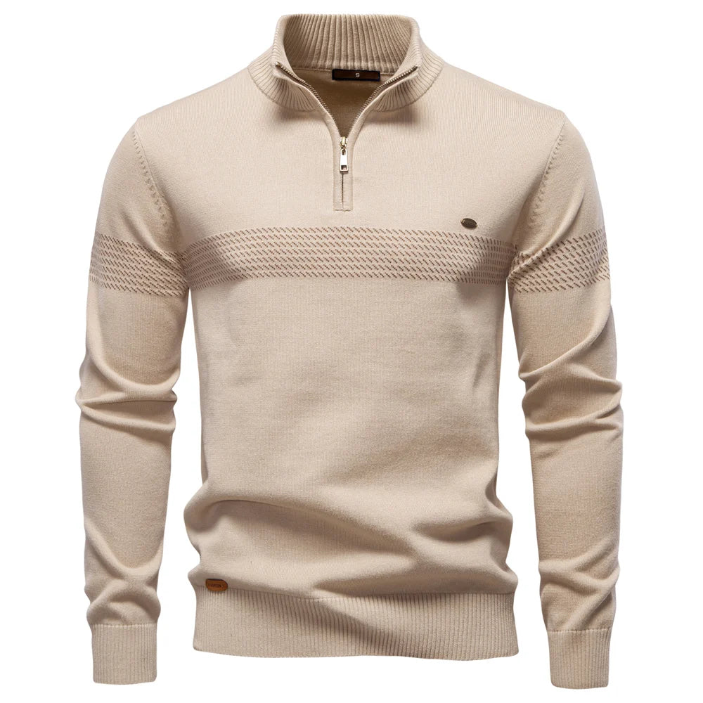 Close-up of standing collar and half zip