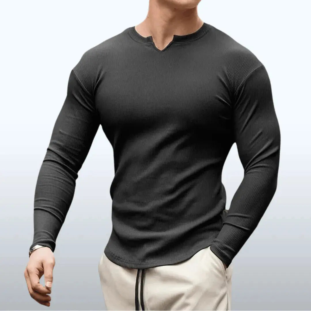 Men's slim fit long sleeve top side view