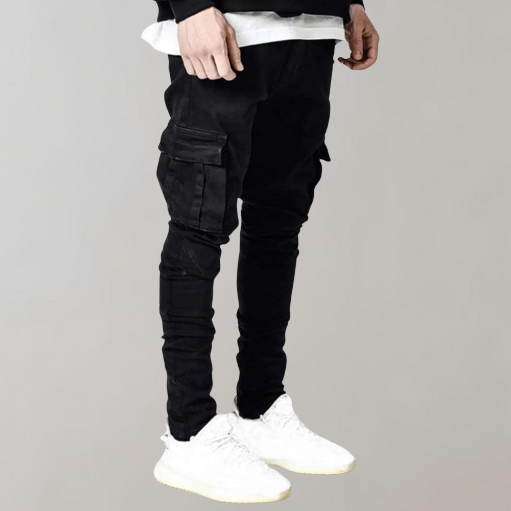Men's slim fit cargo jeans side view