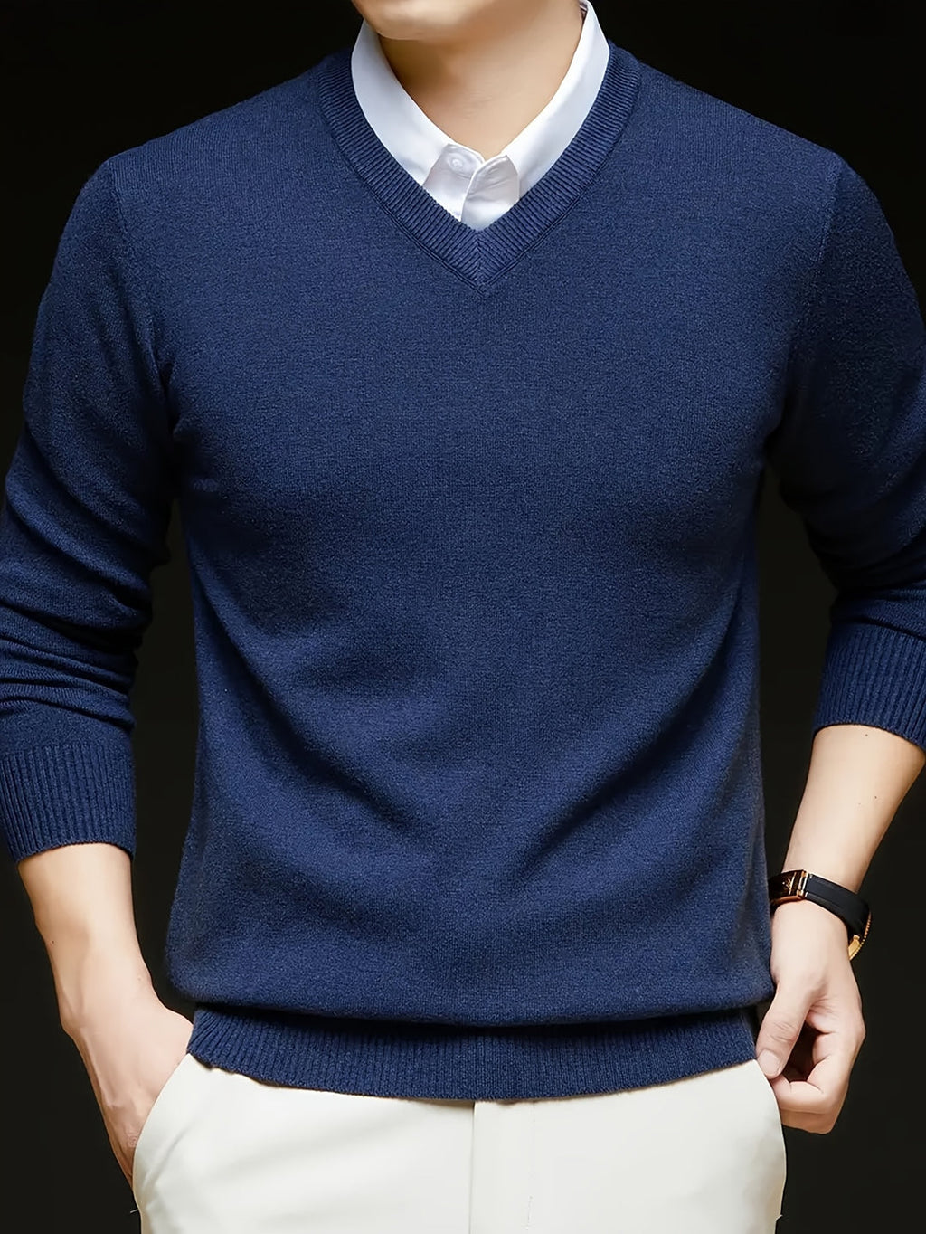 Men's V-neck knit jumper front view