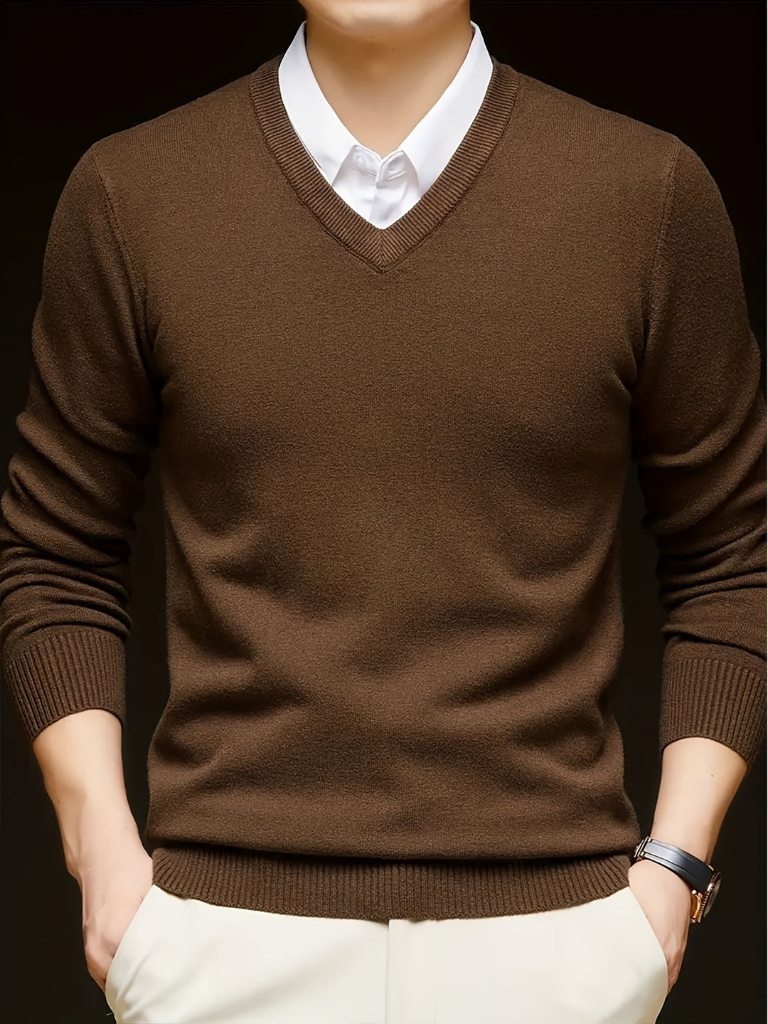 Men's V-neck jumper styled with jeans