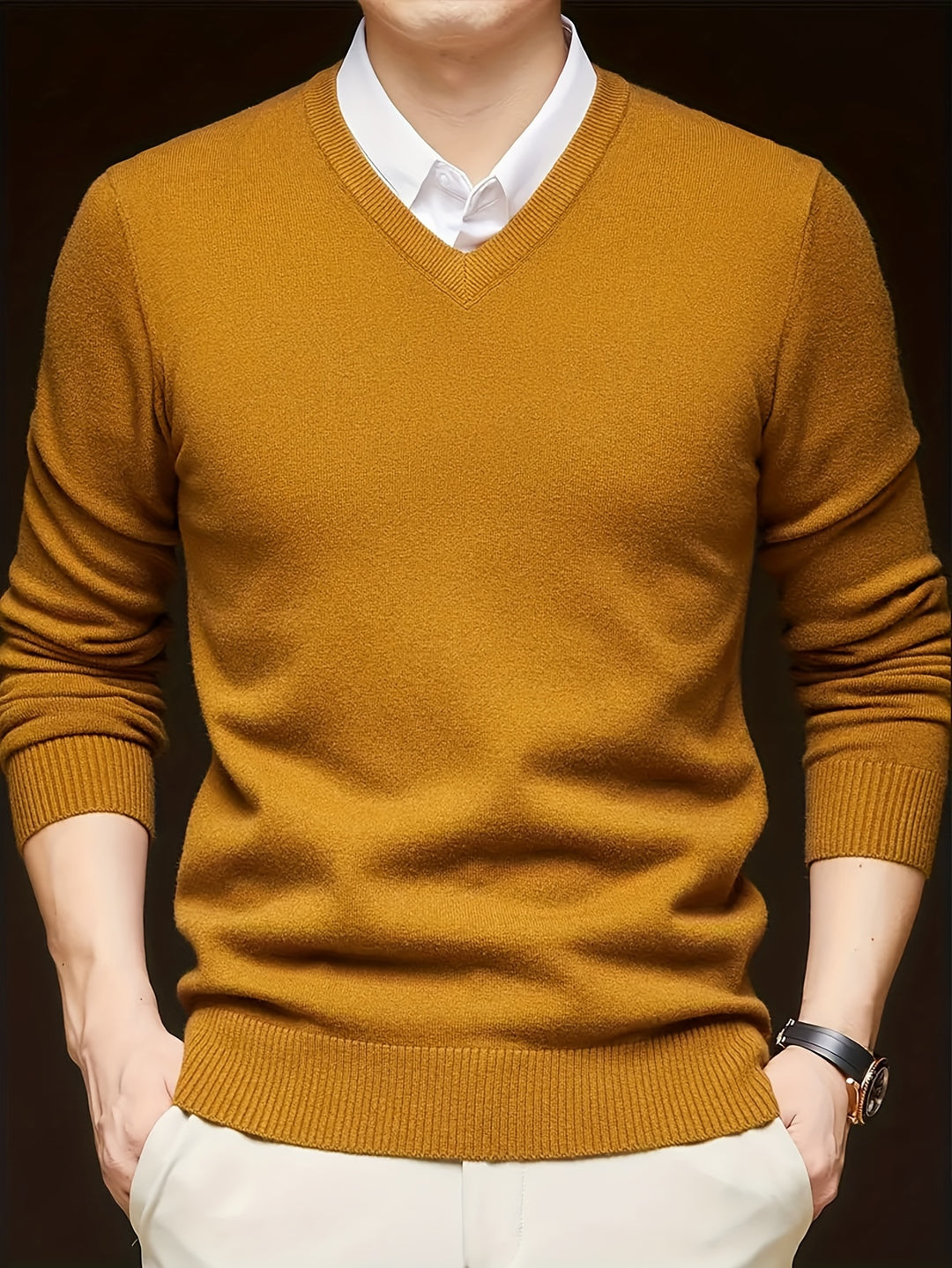 Men's V-neck jumper worn with collared shirt