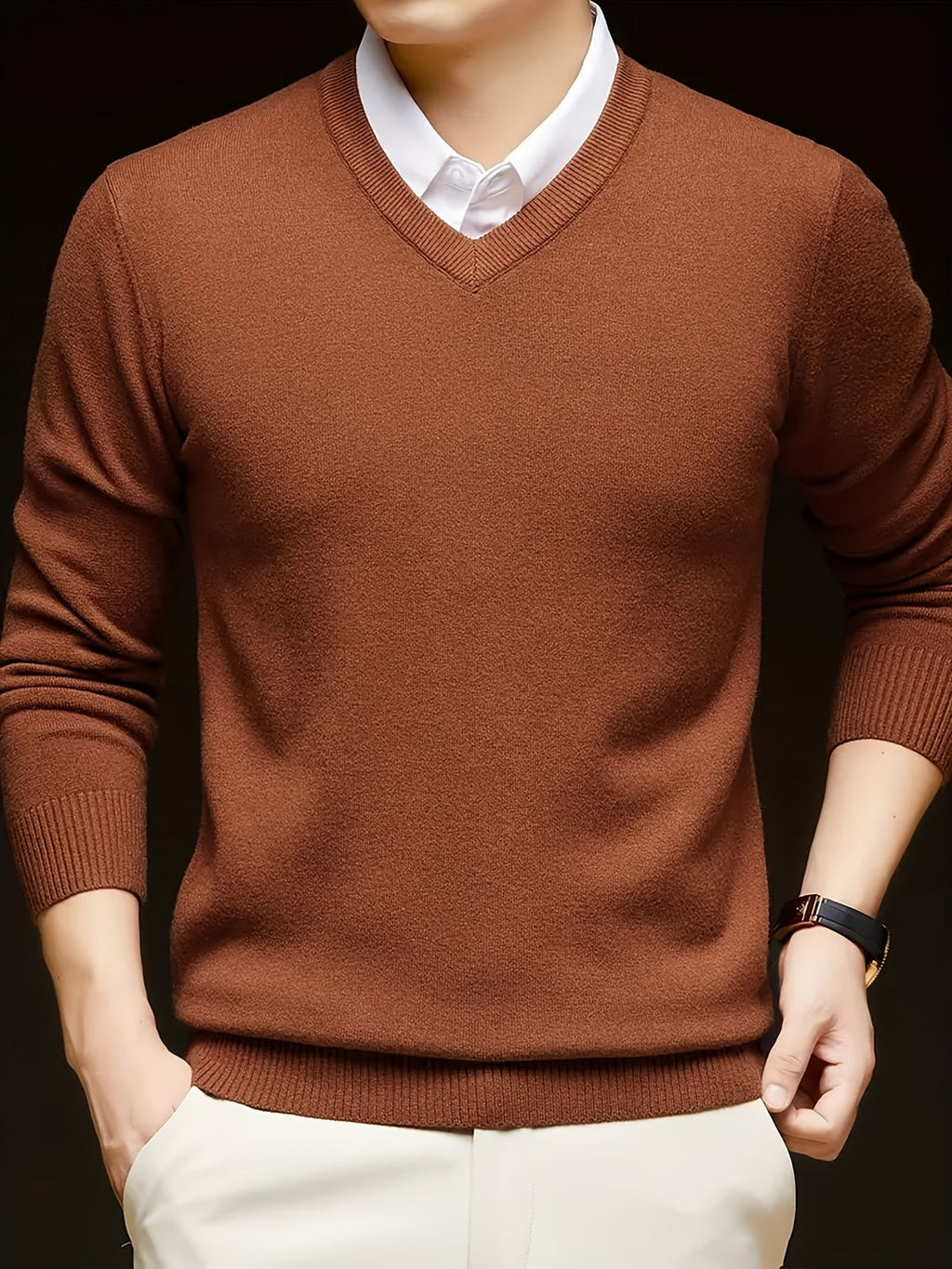 Men's V-neck knit jumper in yellow colour