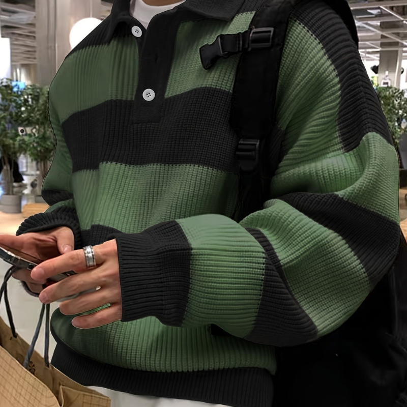 Green and black striped knit jumper