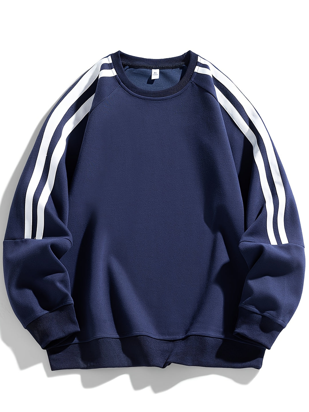 Men's striped crew neck sweater side view