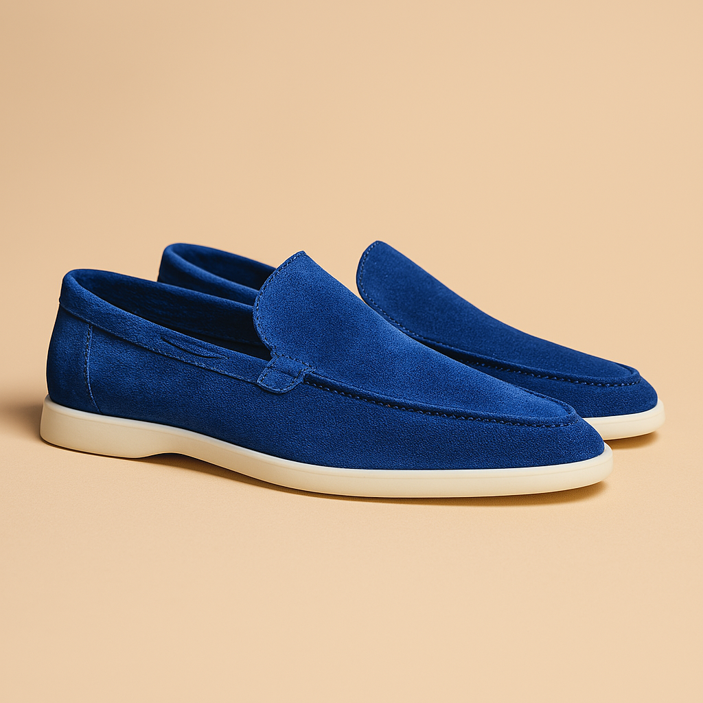 Grey suede-look slip-on shoe side view