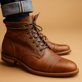Dark brown tall high-top boot side view