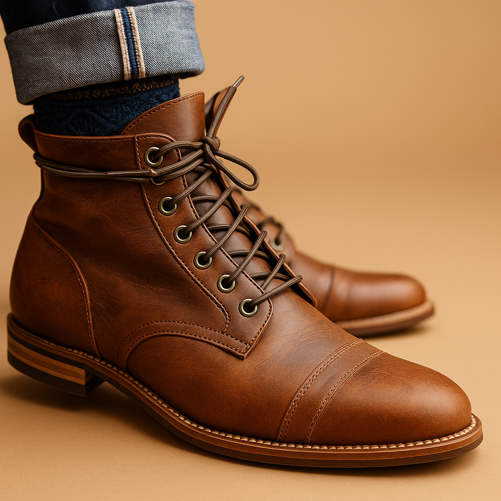 Dark brown tall high-top boot side view