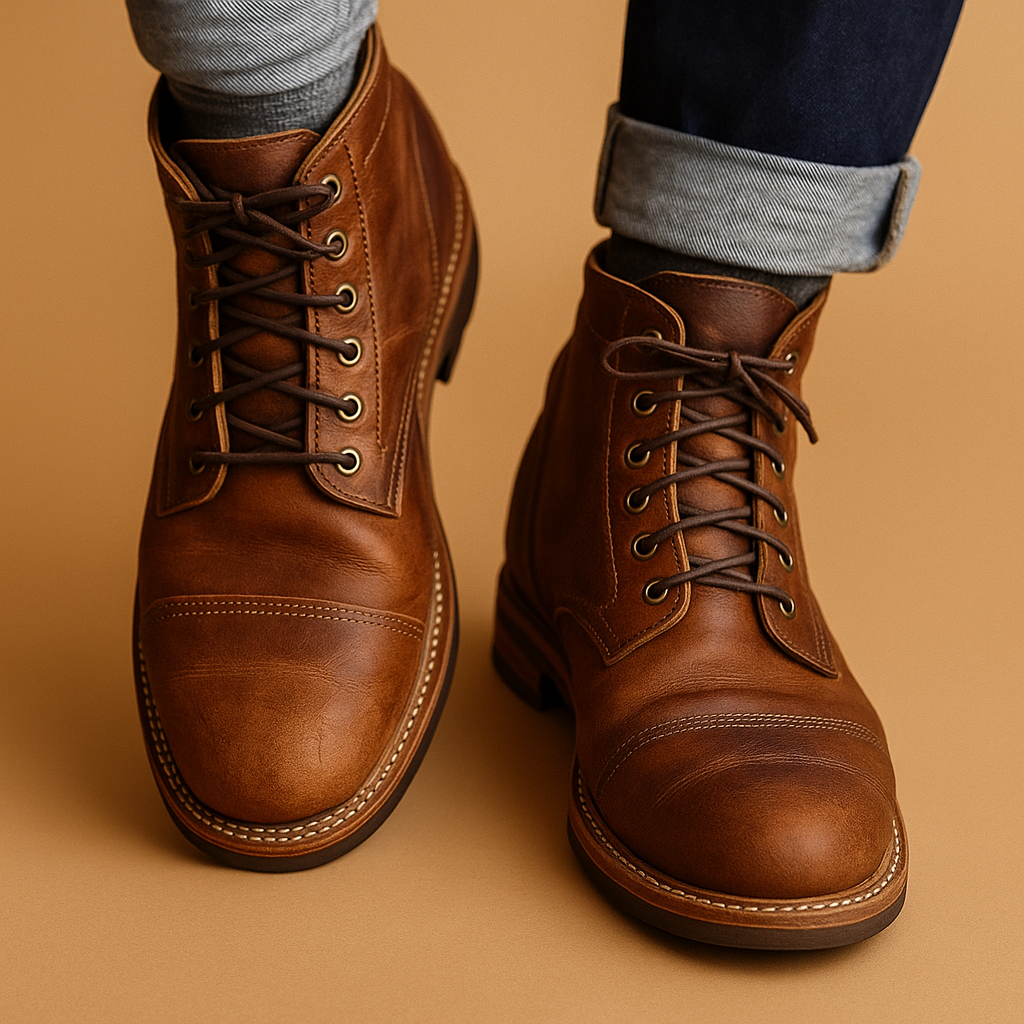 Light brown tall high-top boot front view