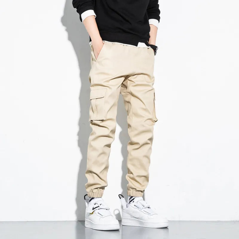 Front view of men's tapered cargo trousers