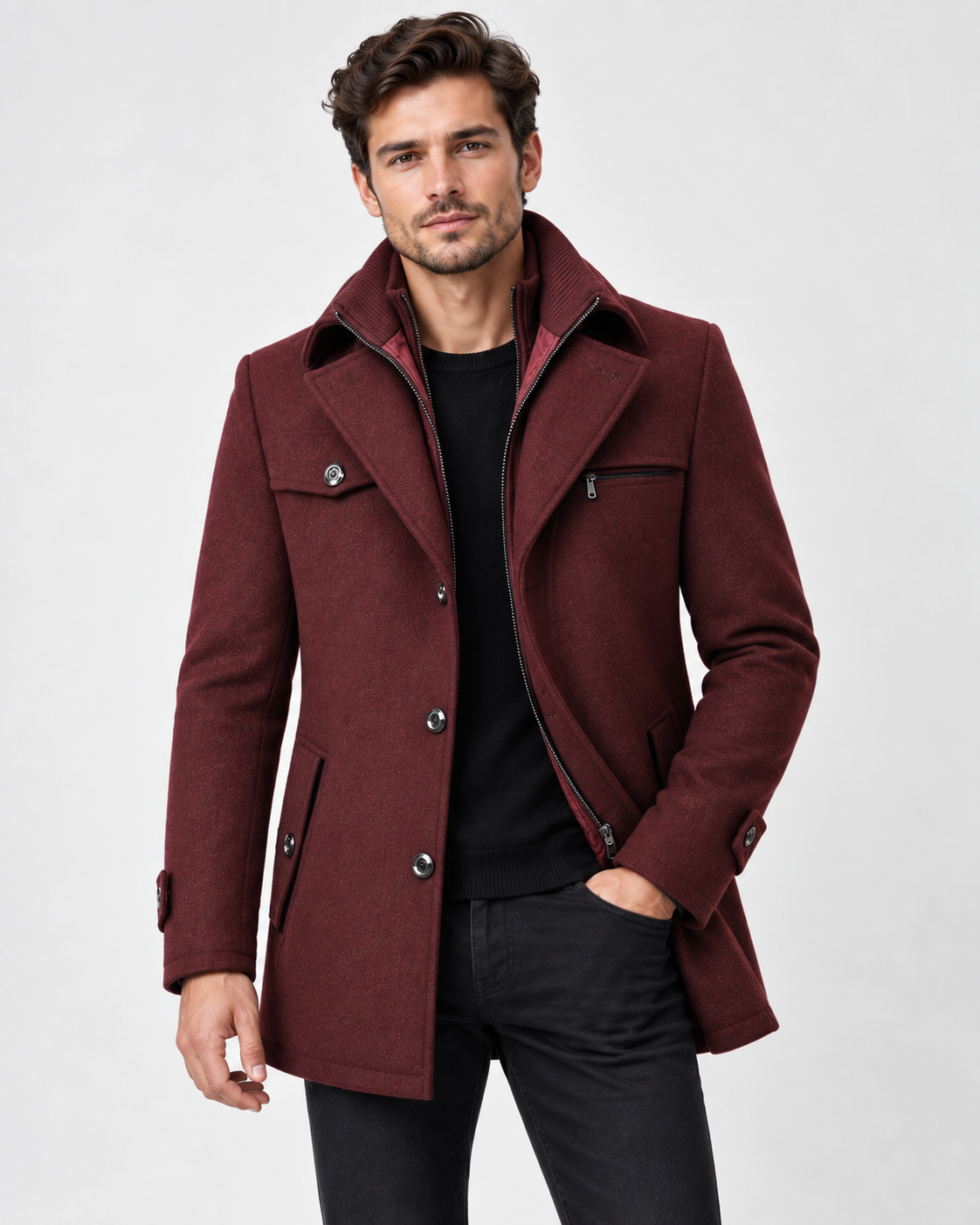 Men's winter coat front view with textured collar