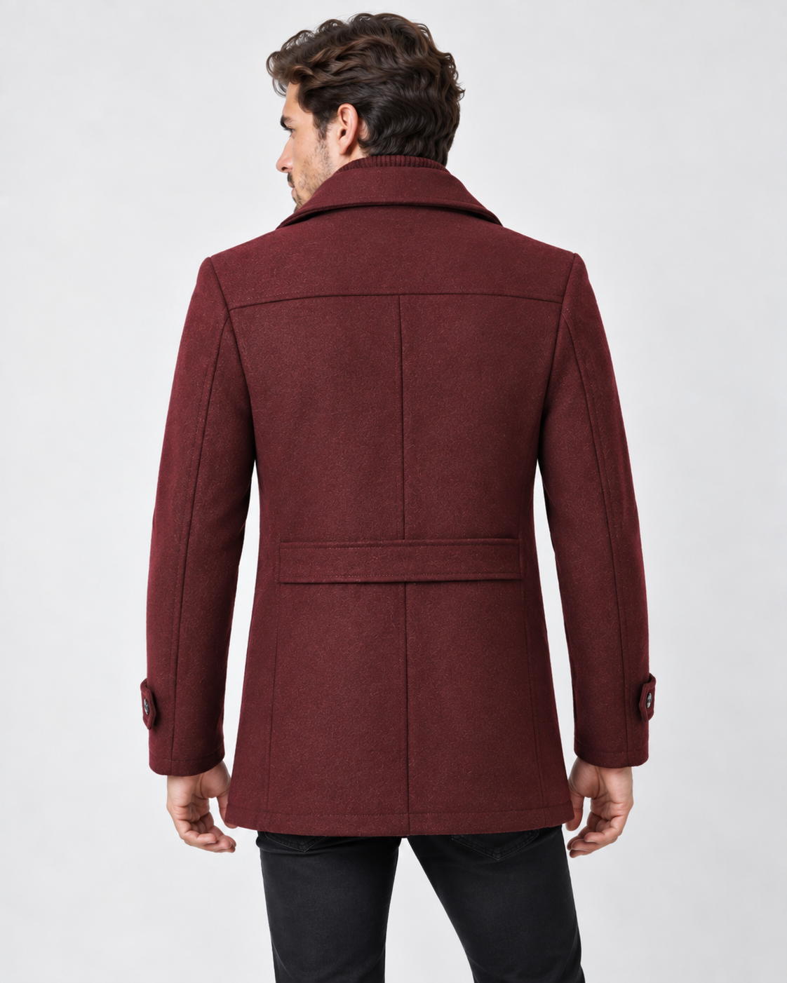 Close-up of textured collar and button closure