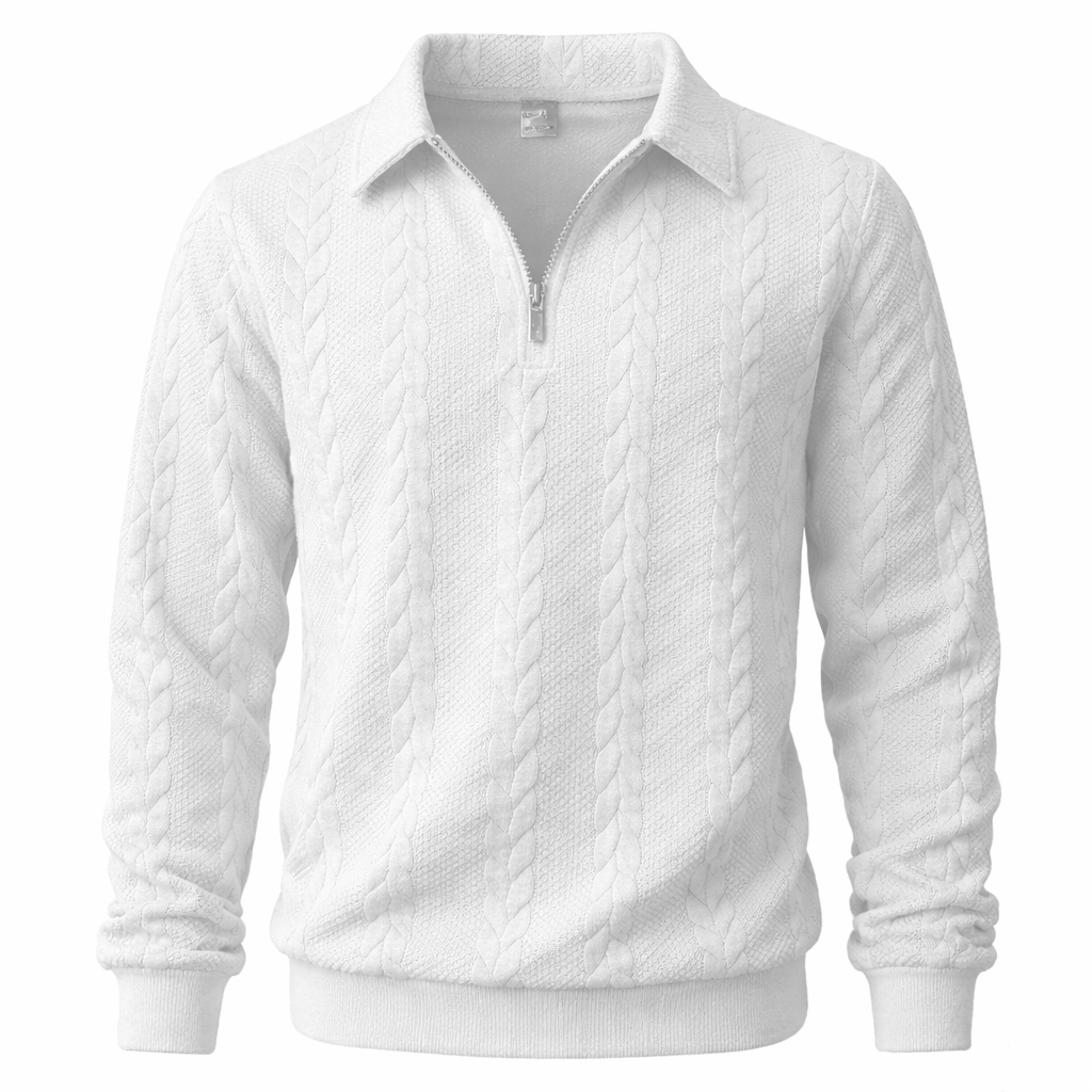 Quarter-zip sweatshirt styled with jeans