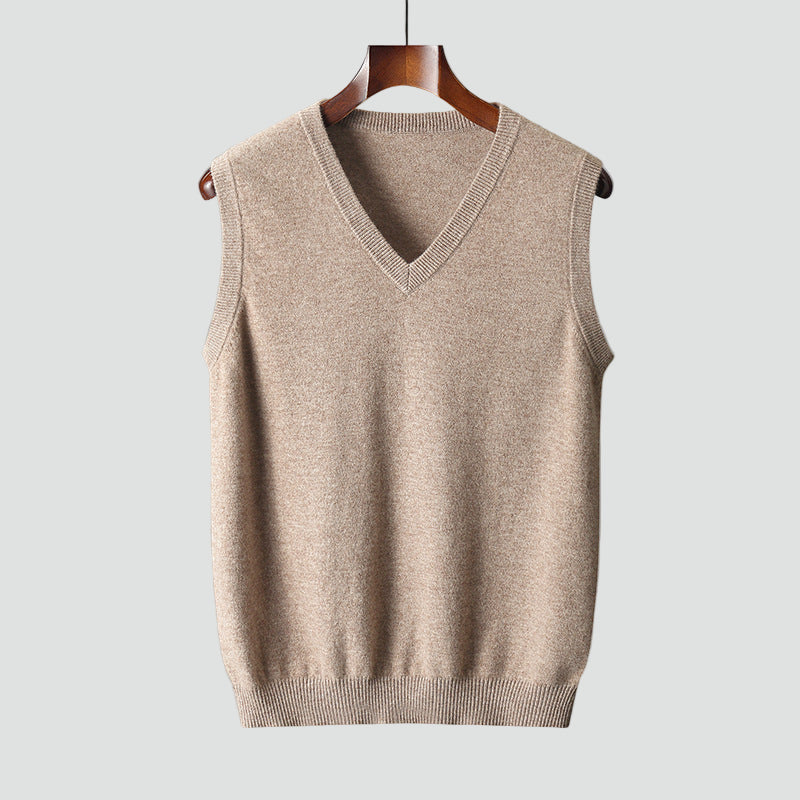 Men's knitted sweater vest styled over shirt