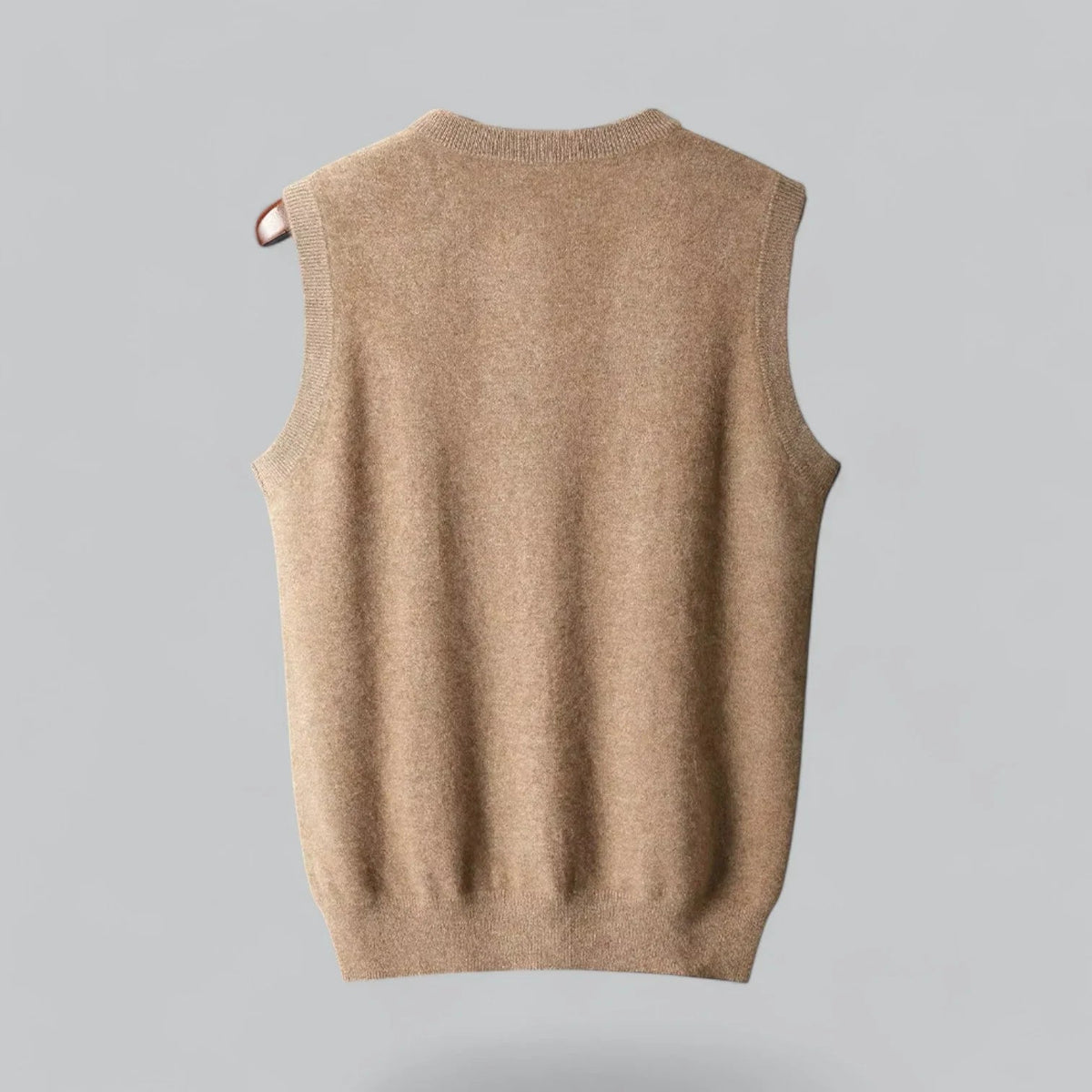 Close-up of V-neck knit sweater vest fabric