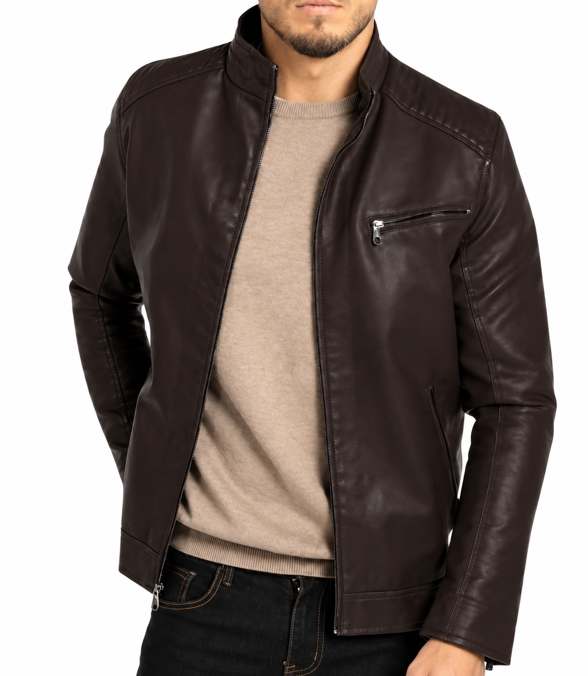 Close-up of stand-up collar and zip