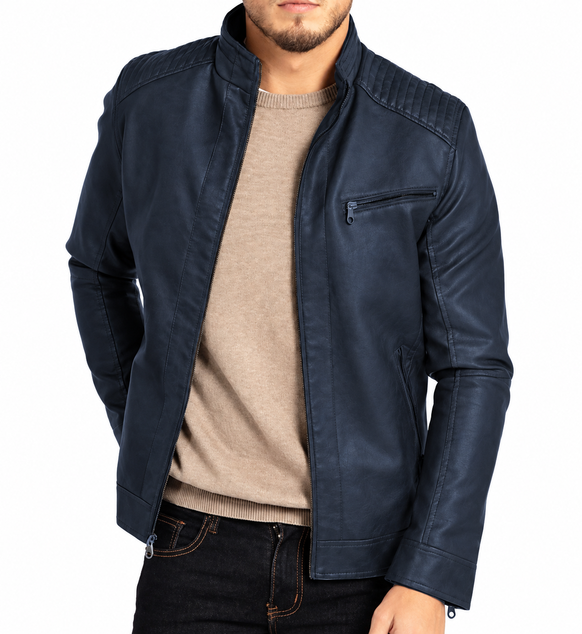 Men's vegan leather jacket pockets detail