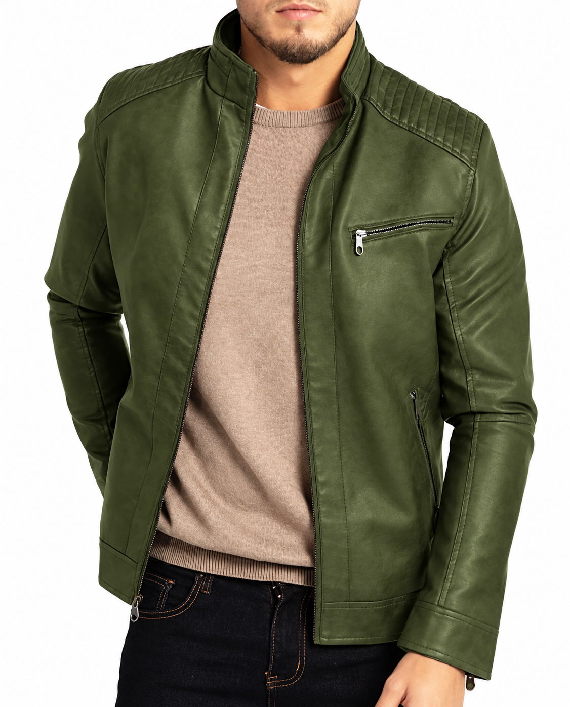 Men's vegan leather jacket worn outdoors