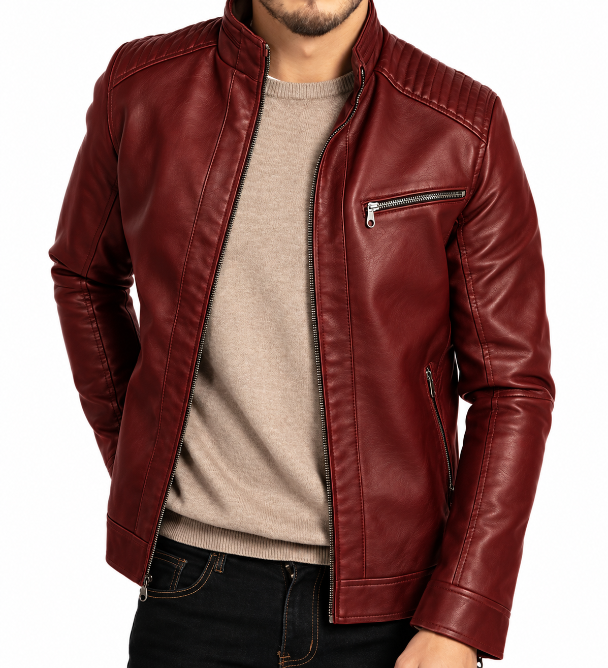 Men's vegan leather jacket lining detail