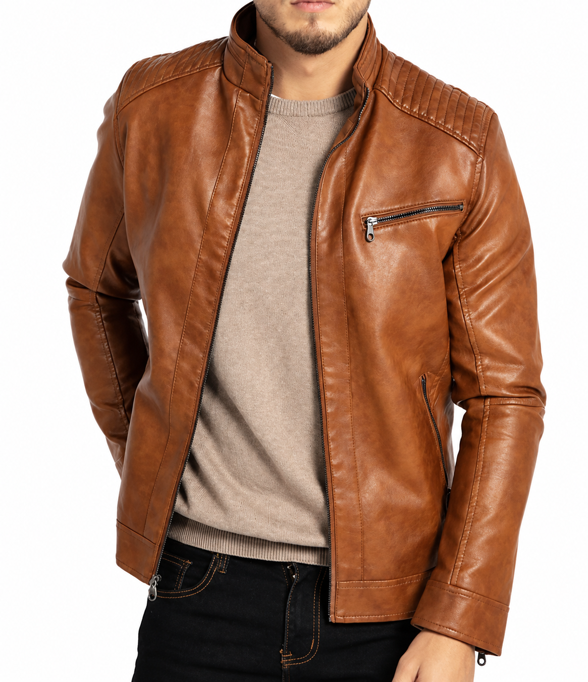 Men's vegan leather jacket full length view
