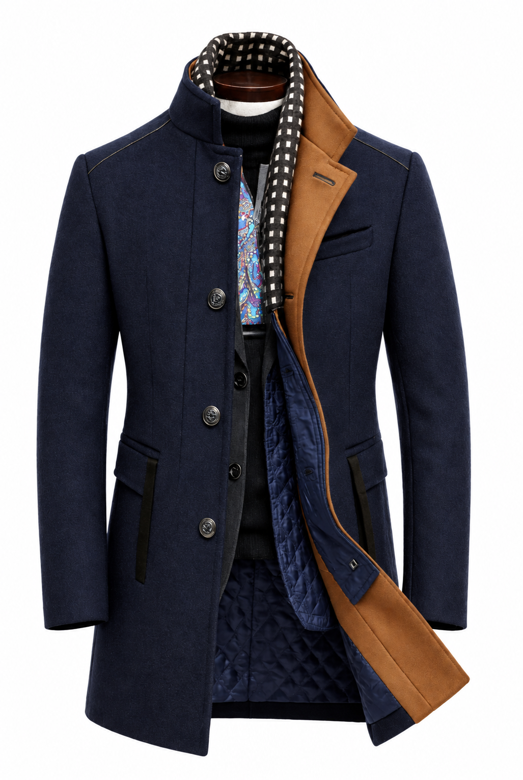 Navy wool blend overcoat front view