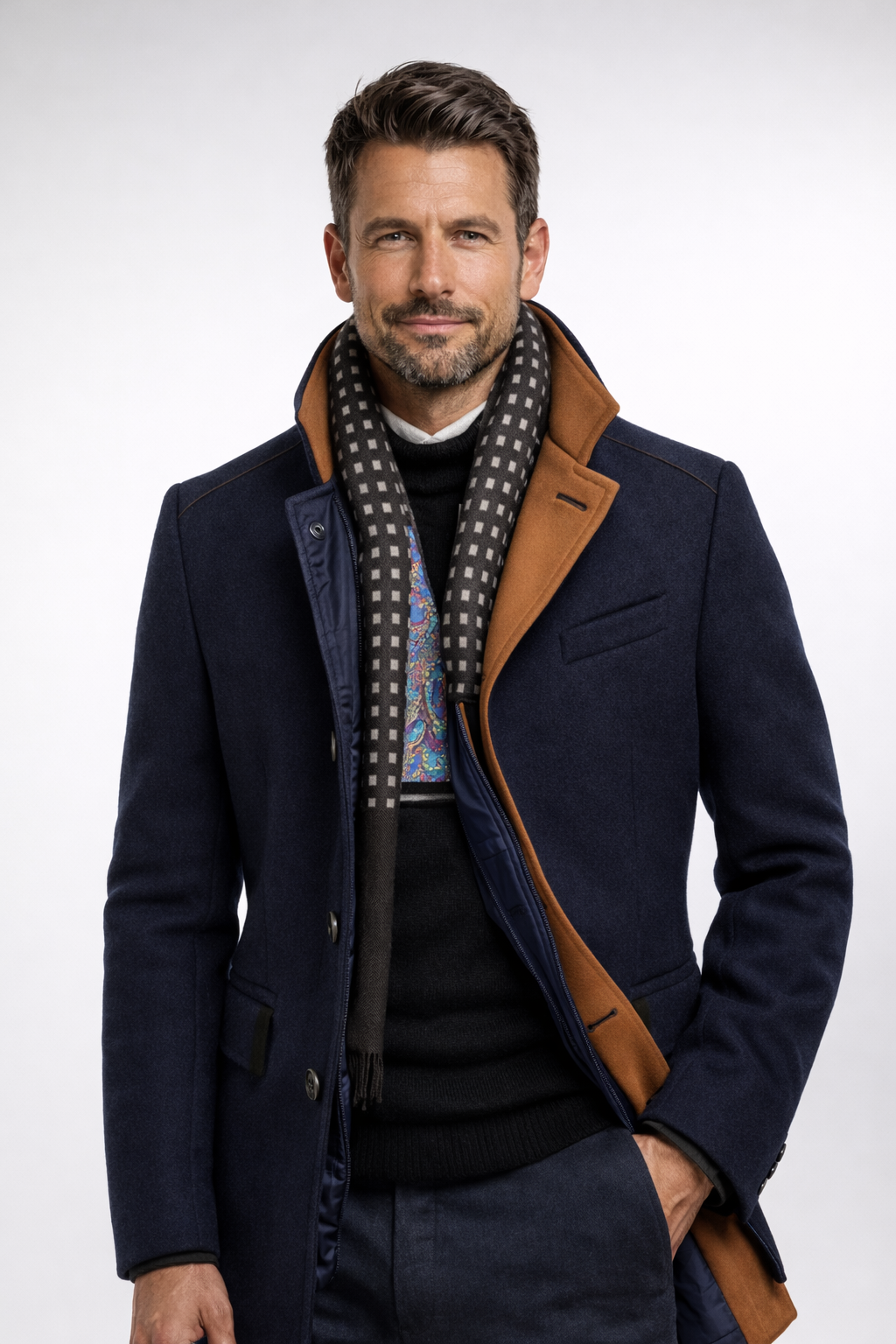 Overcoat styled with knitwear