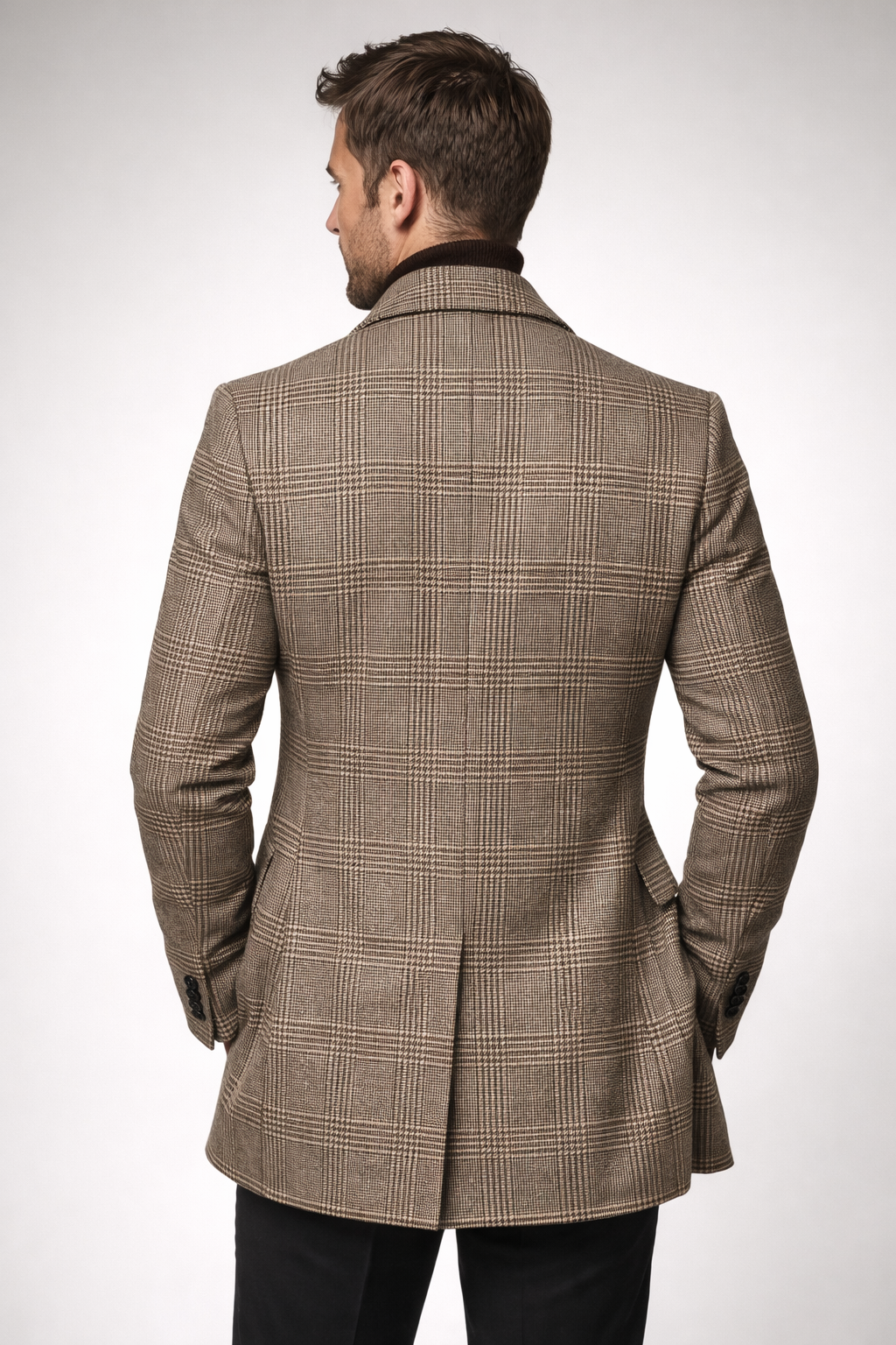 Taupe wool overcoat worn outdoors