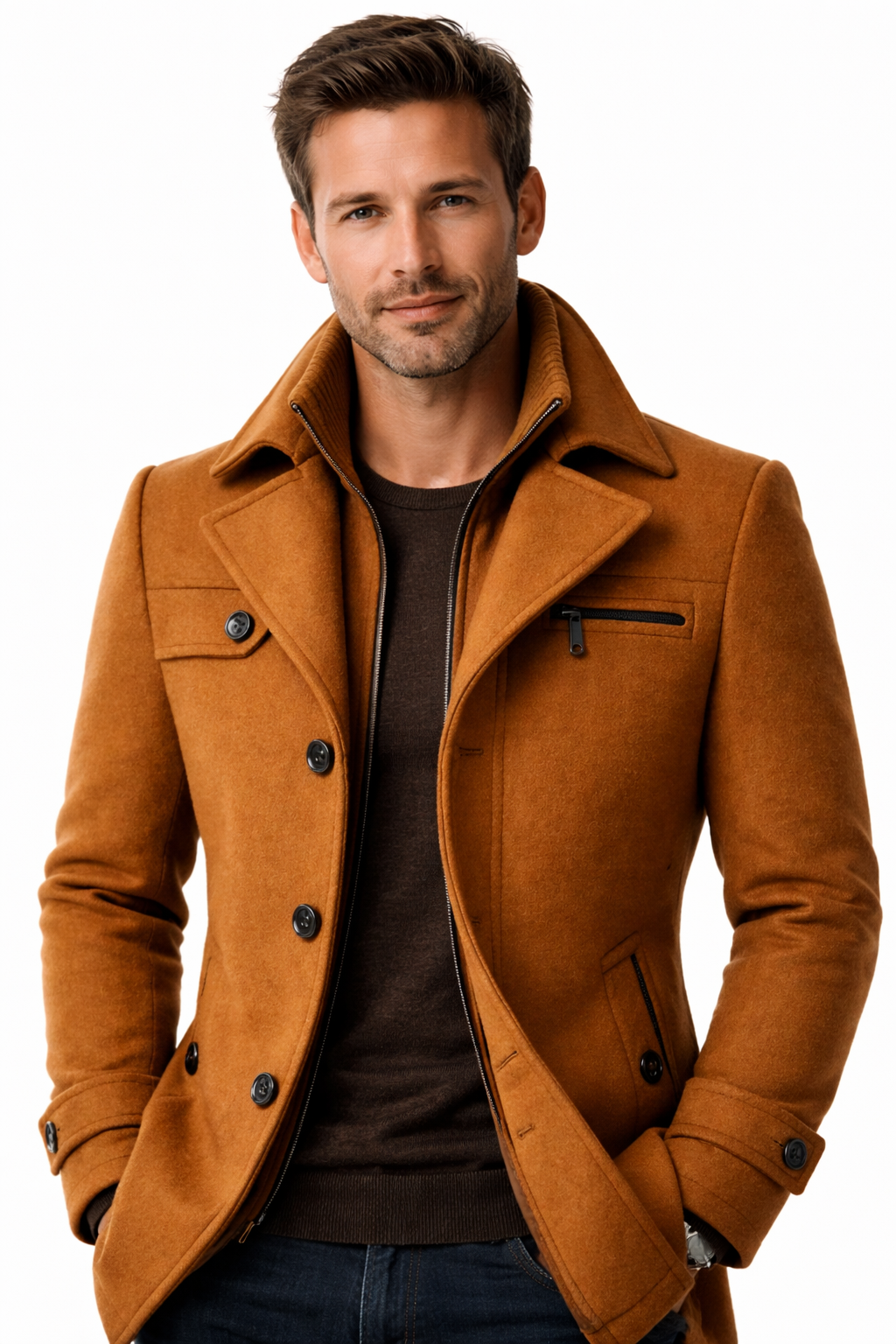 Men's overcoat styled with knitwear