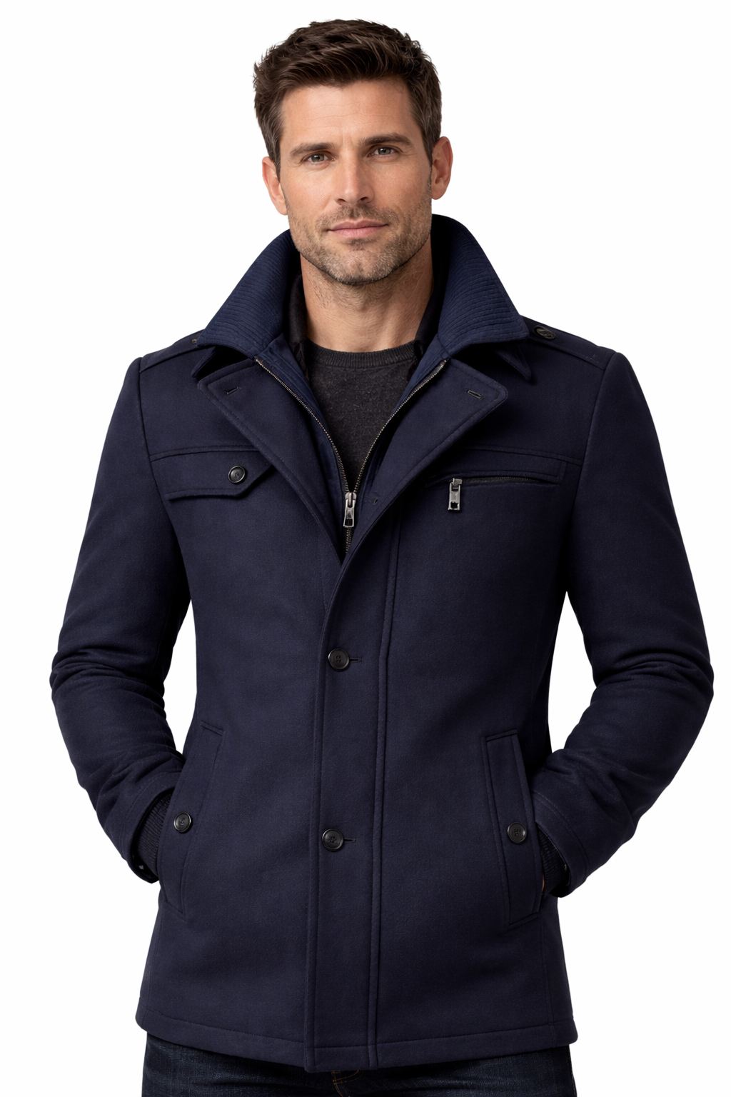 Men's winter overcoat outdoor styling shot