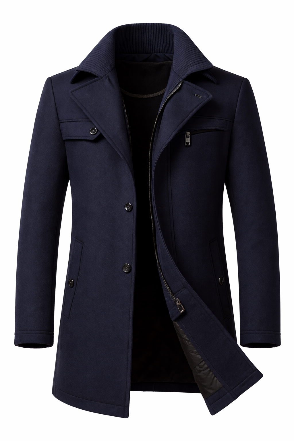 Close-up of coat collar and button placket