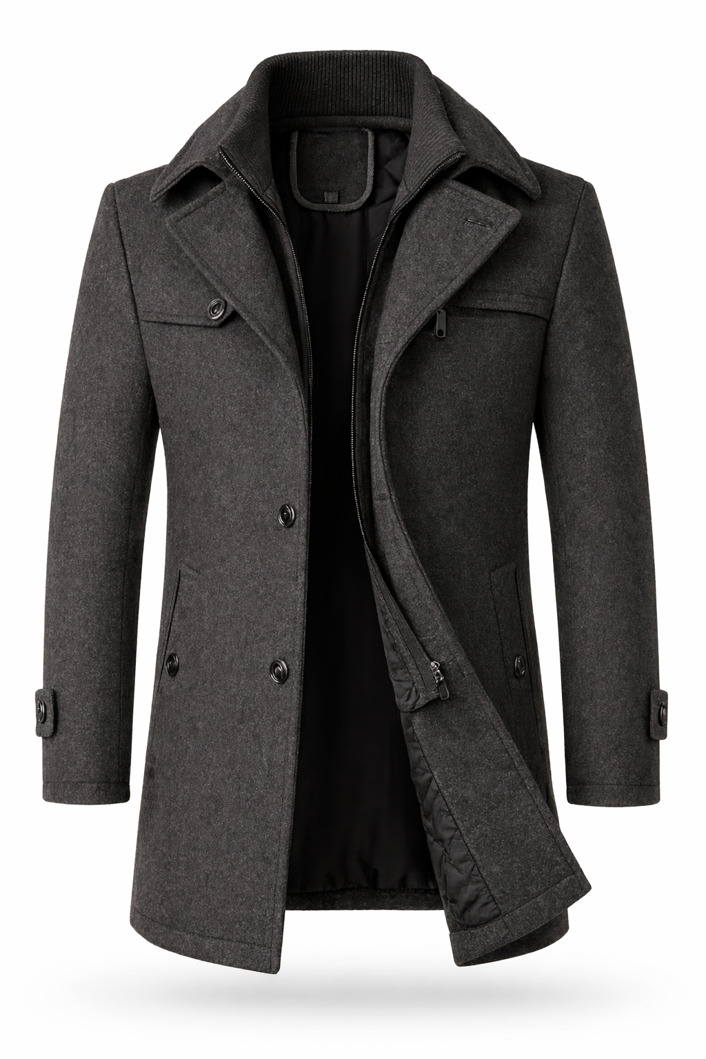 Men's overcoat with hidden zip detail