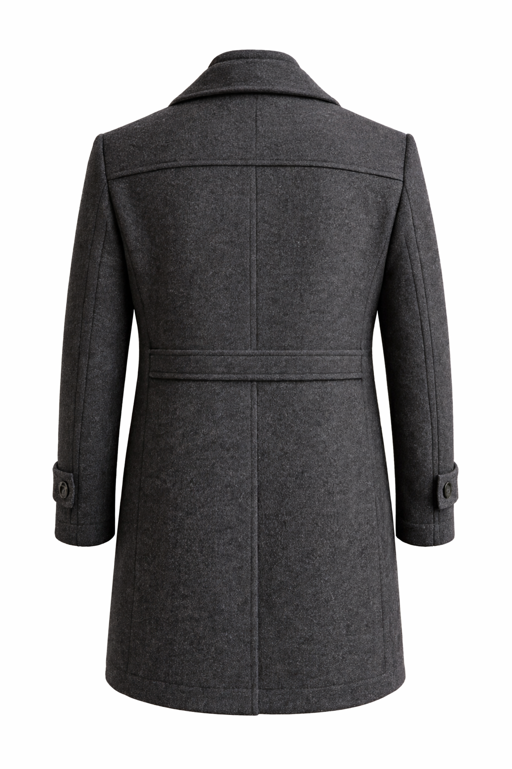 Model wearing wool blend winter overcoat