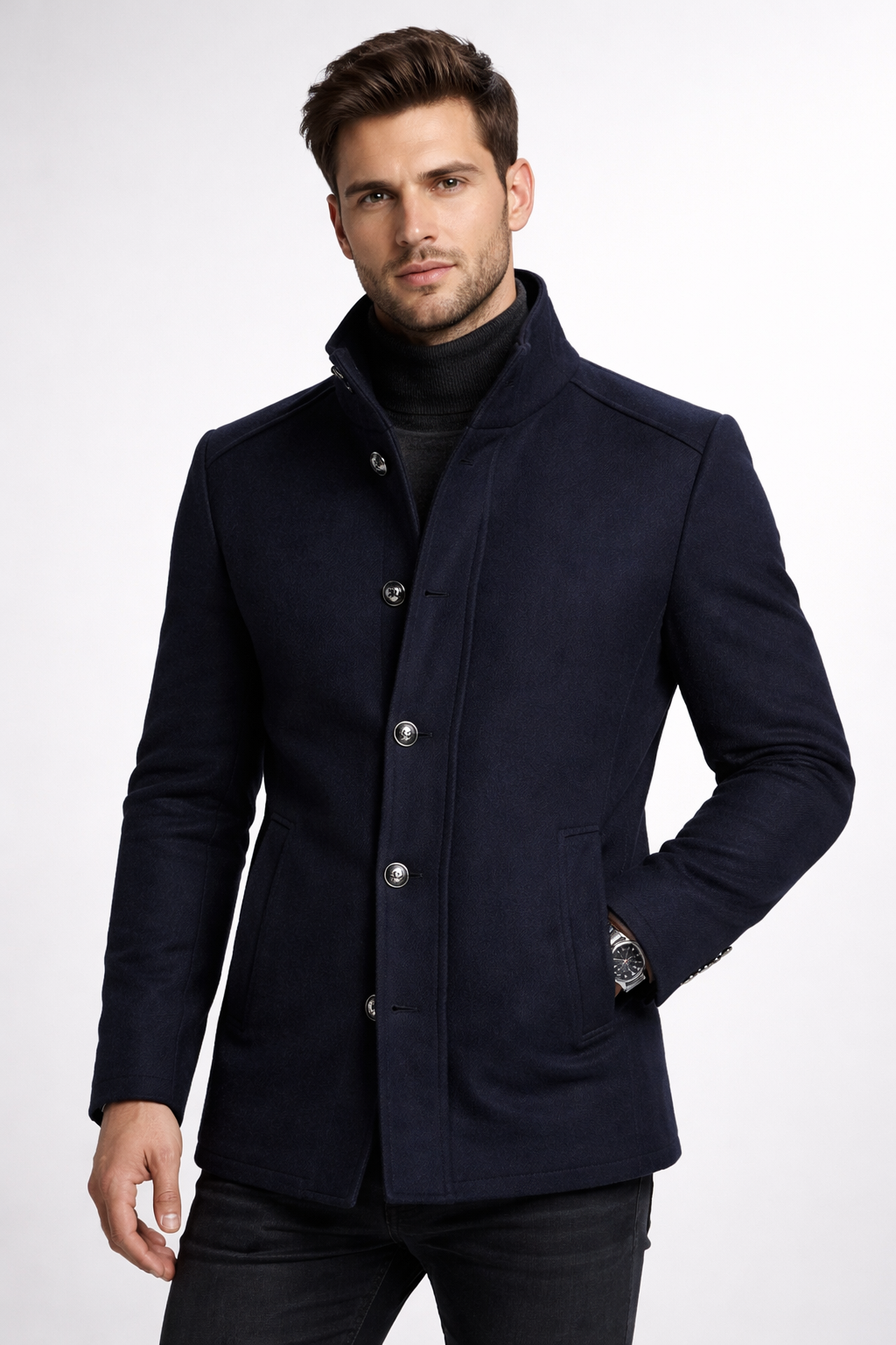 Overcoat styled with knitwear