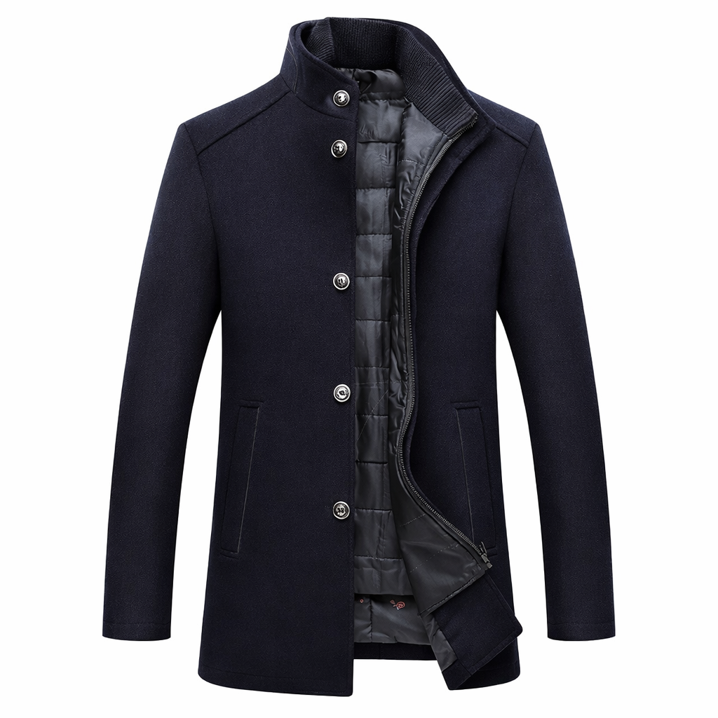 Men's navy wool-look overcoat detail