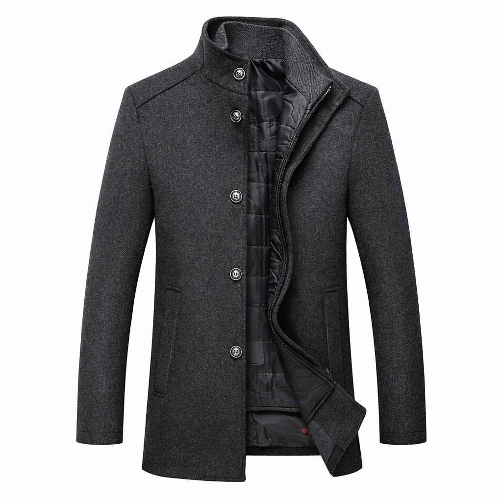 Men's grey wool-look overcoat side view