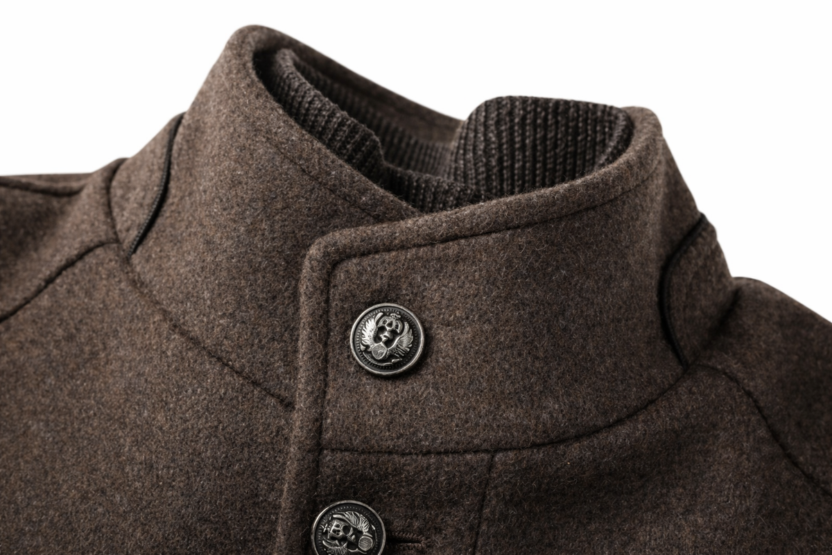 Overcoat collar and button closure detail