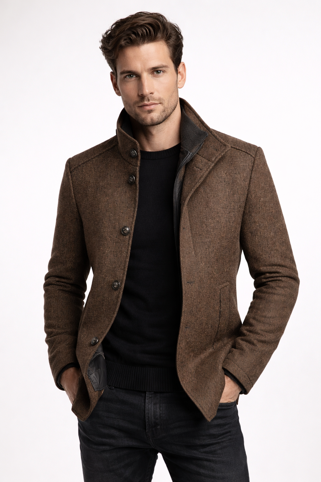 Model wearing wool-look overcoat outdoors
