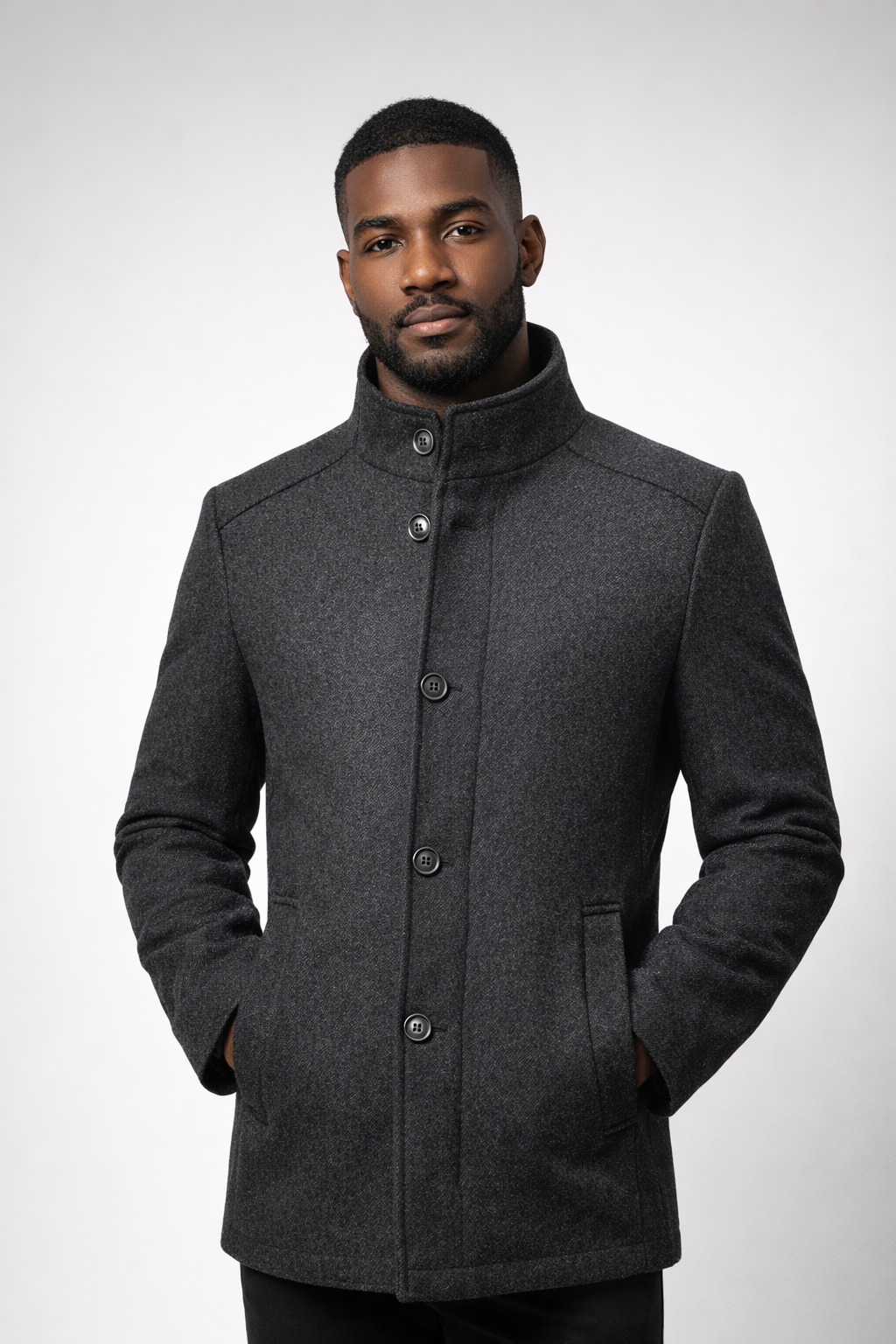Overcoat back view showing straight hem