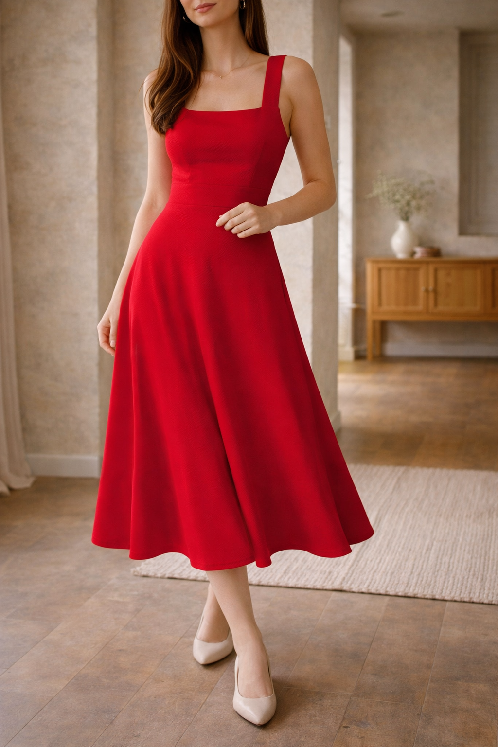 Midi dress square neckline close-up