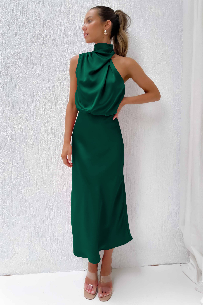 Midi dress with asymmetric neckline front view