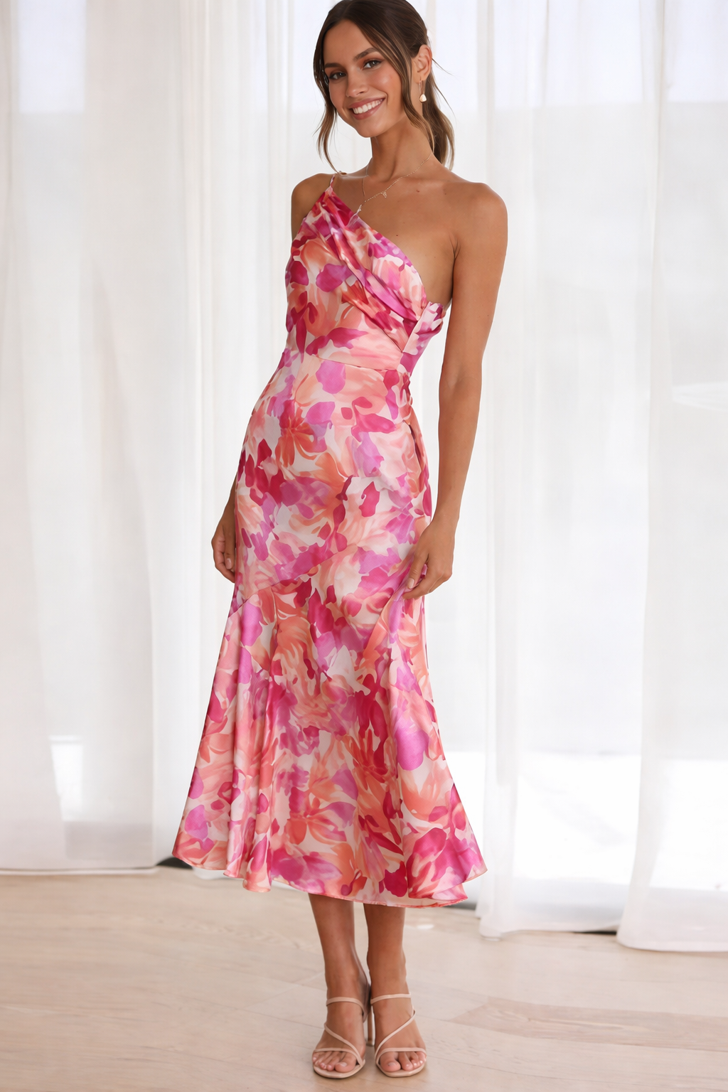 One-shoulder floral maxi dress front view