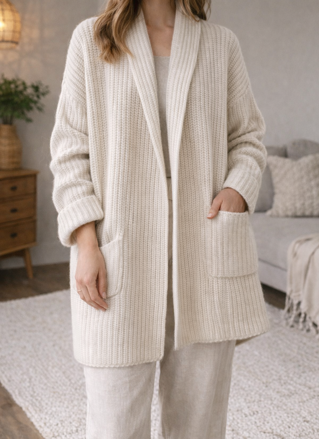 White oversized open-front knit cardigan front view
