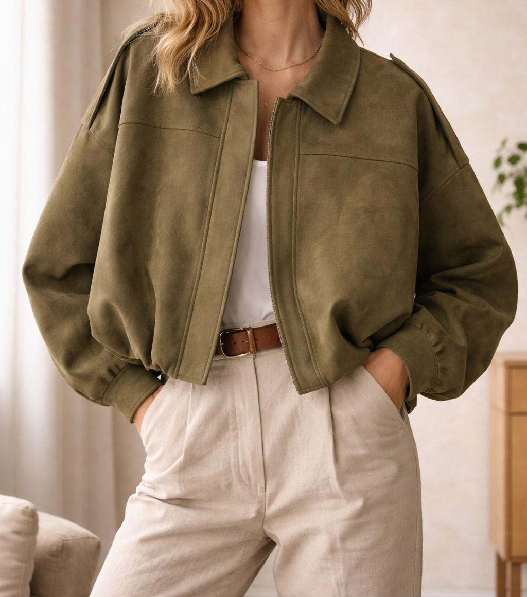 Oversized bomber jacket with shoulder epaulettes front view