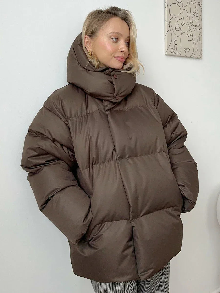 Oversized winter coat with hood front view