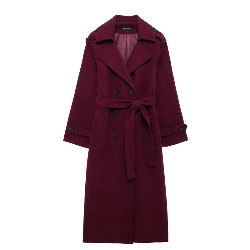Burgundy wool blend coat styled with boots