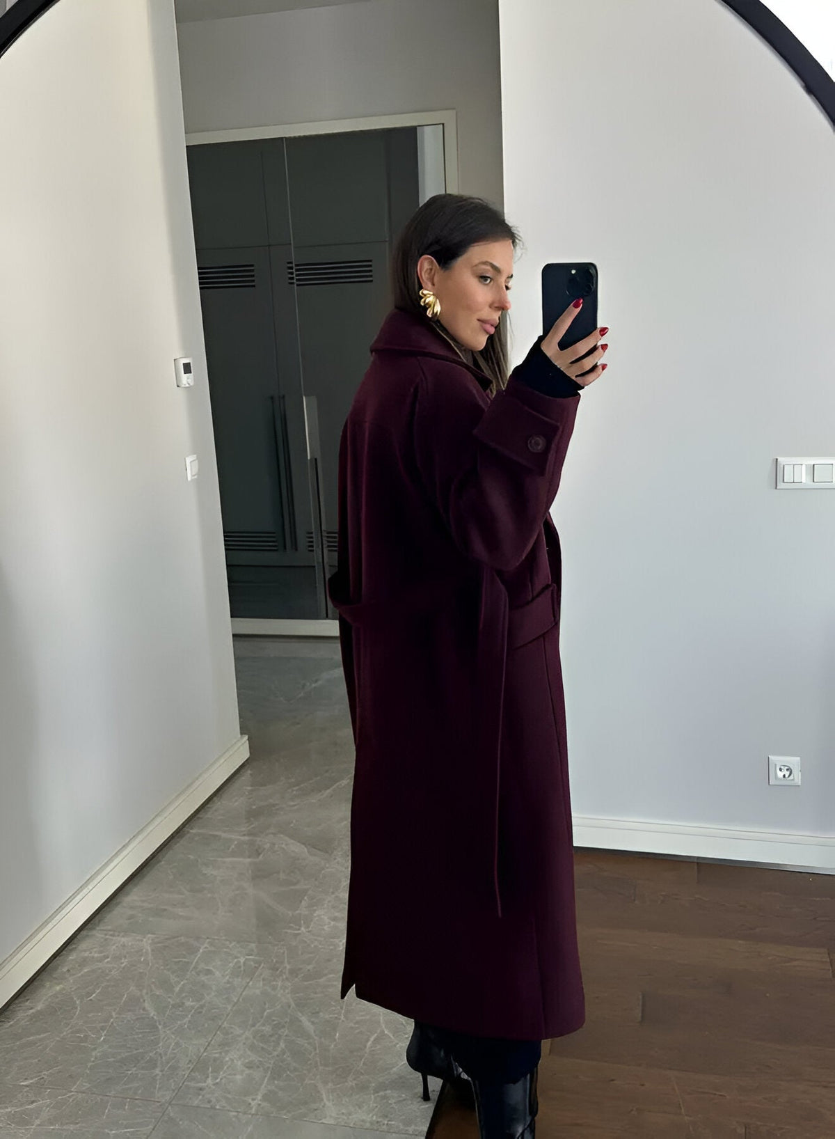 Burgundy coat with scarf and gloves