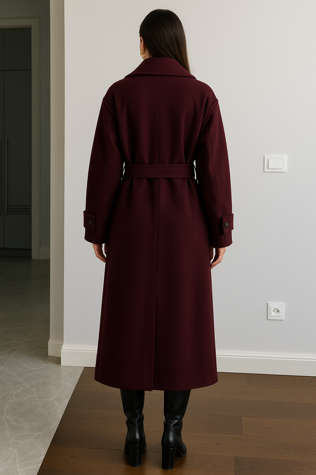 Burgundy coat paired with jeans