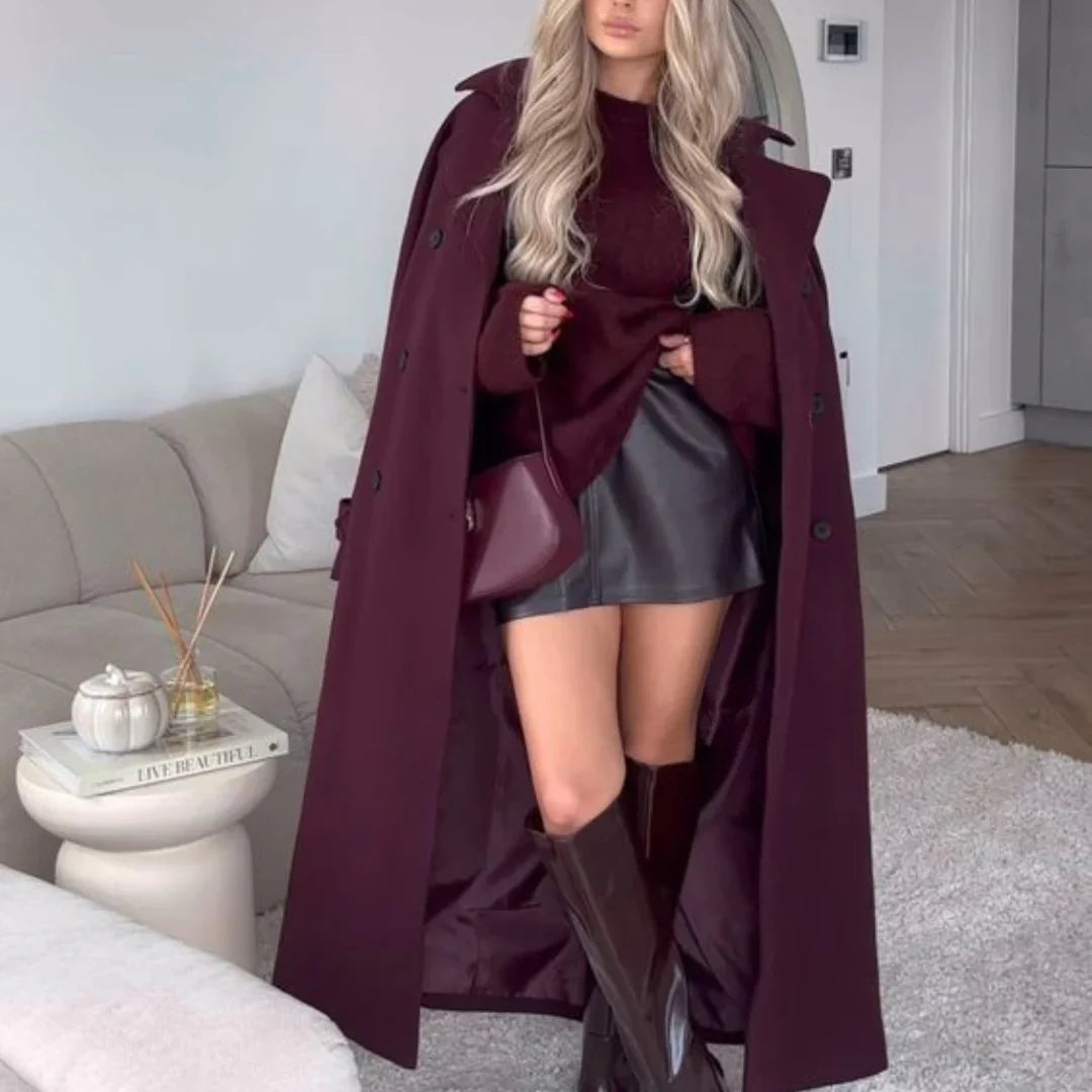 Burgundy coat collar and button detail
