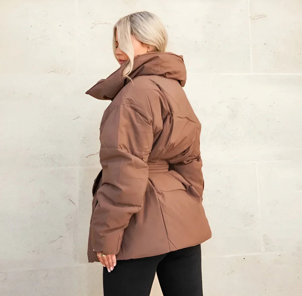 Belted padded winter coat side view
