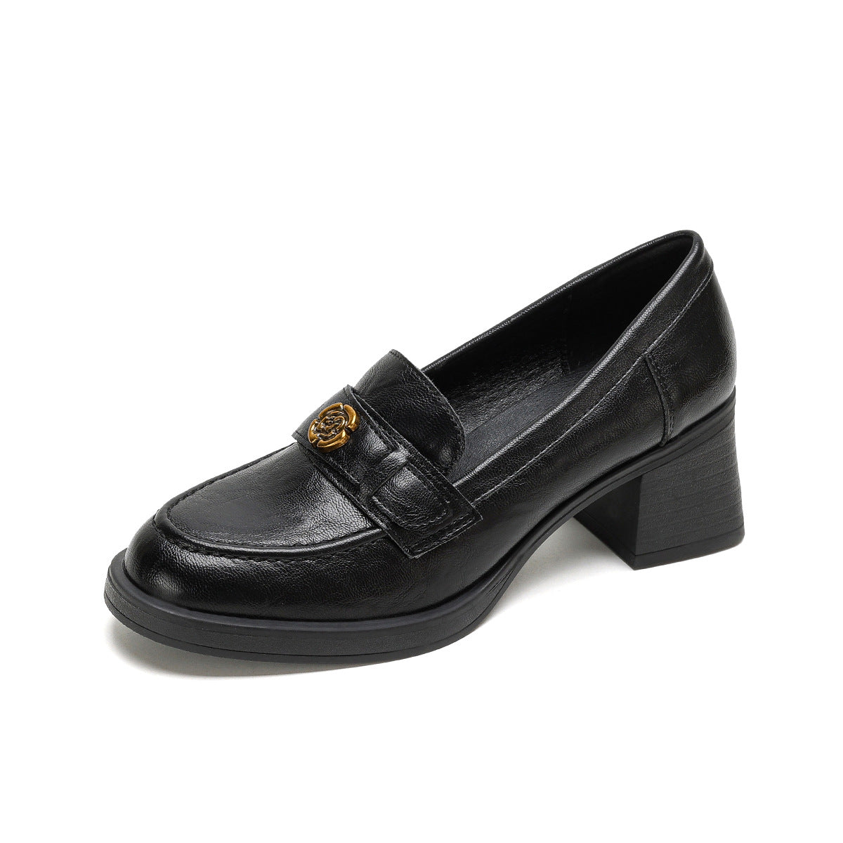 Black penny loafer with heel, front view